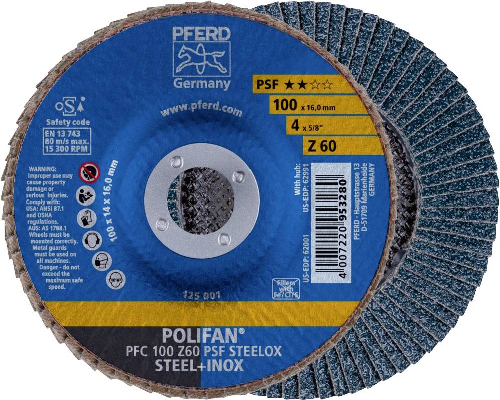PFERD TOOLS 67766100 PFC 100 Z 60 PSF STEELOX/16,0 Felületcsiszoló korong Ø 100 mm Furat átmérő 16 mm Szemcsézet 60 Nemesacél, Acél 10 db