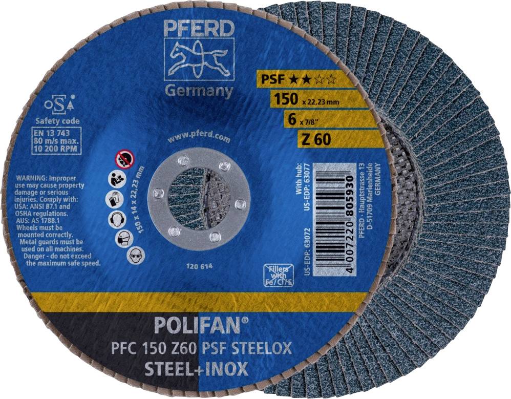 PFERD TOOLS 67766150 PFC 150 Z 60 PSF STEELOX Felületcsiszoló korong Ø 150 mm Furat átmérő 22.23 mm Szemcsézet 60 Nemesacél, Acél 10 db