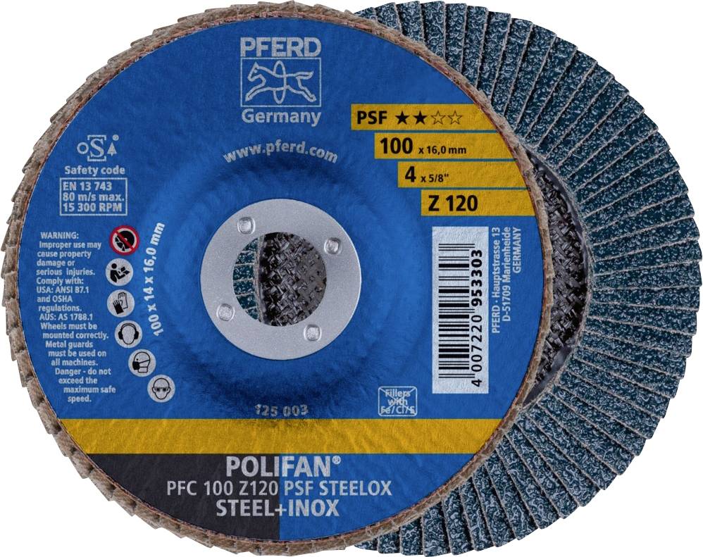 PFERD TOOLS 67769100 PFC 100 Z 120 PSF STEELOX/16,0 Felületcsiszoló korong Ø 100 mm Furat átmérő 16 mm Szemcsézet 120 Nemesacél, Acél 10 db