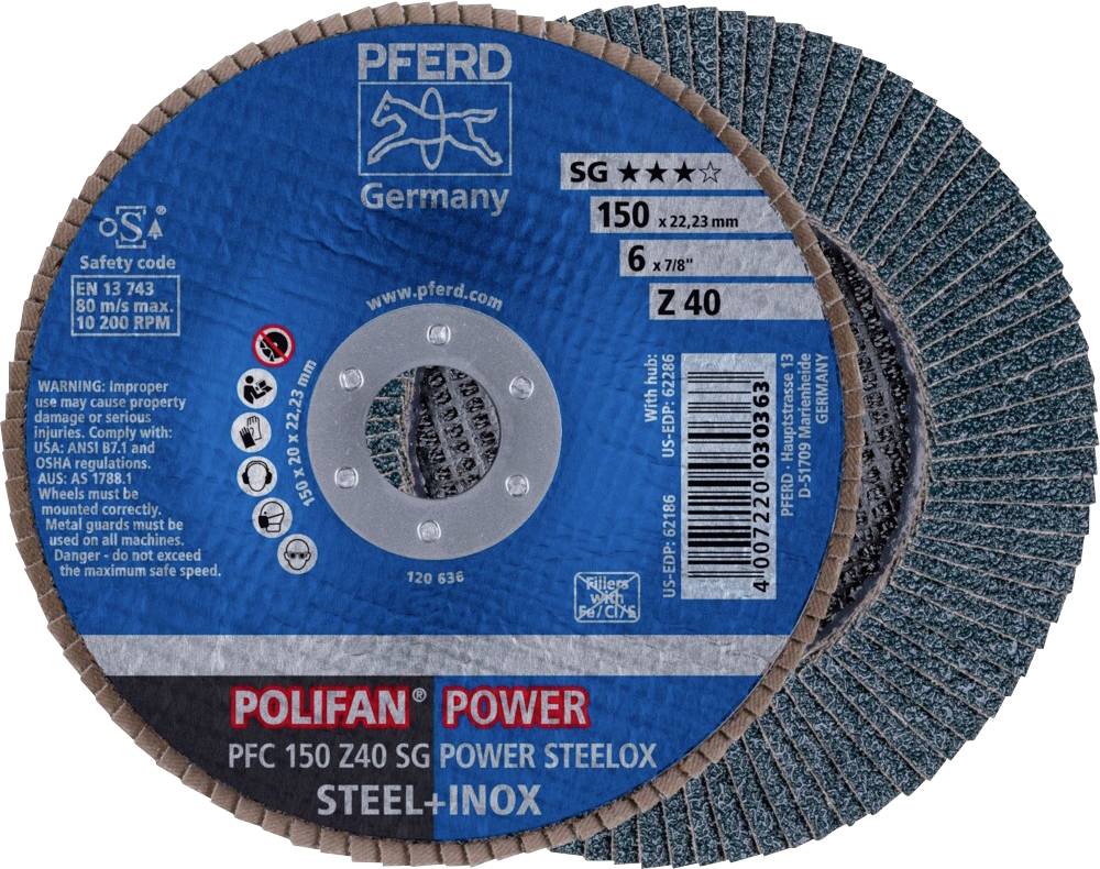 PFERD TOOLS 67784150 PFC 150 Z 40 SG POWER STEELOX Felületcsiszoló korong Ø 150 mm Furat átmérő 22.23 mm Szemcsézet 40 Nemesacél, Acél 10 db