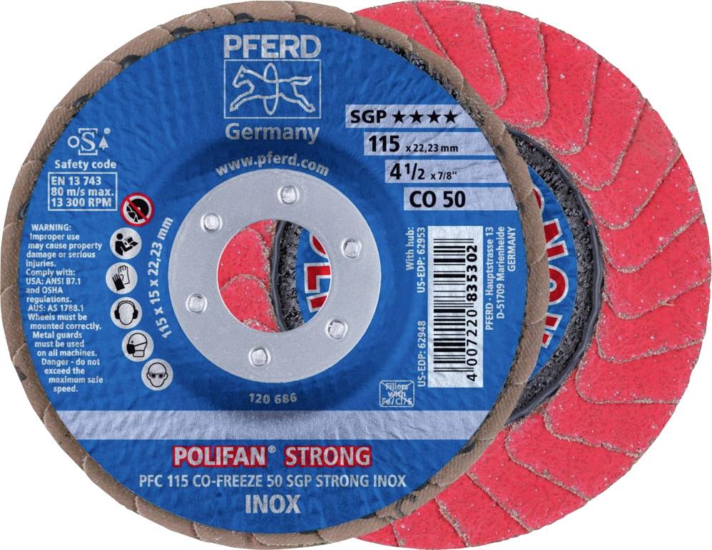PFERD TOOLS 67789115 PFC 115 CO-FREEZE 50 SGP STRONG INOX Felületcsiszoló korong Ø 115 mm Furat átmérő 22.23 mm Szemcsézet 50 kobalt alapú ötvözet, nikkel