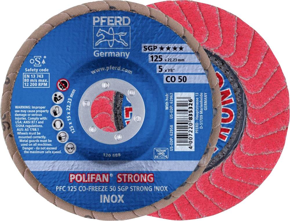 PFERD TOOLS 67789125 PFC 125 CO-FREEZE 50 SGP STRONG INOX Felületcsiszoló korong Ø 125 mm Furat átmérő 22.23 mm Szemcsézet 50 kobalt alapú ötvözet, nikkel