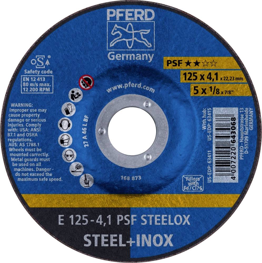 PFERD TOOLS 69220531 E 125-4,1 PSF STEELOX Nagyolótárcsa, hajlított Ø 125 mm Furat átmérő 22.23 mm Nemesacél, Acél 10 db