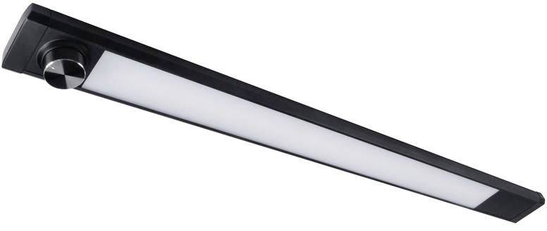 Egy fekete LED-lámpa kerek kapcsolóval az egyik végén, fali vagy mennyezeti rögzítésre alkalmas.
