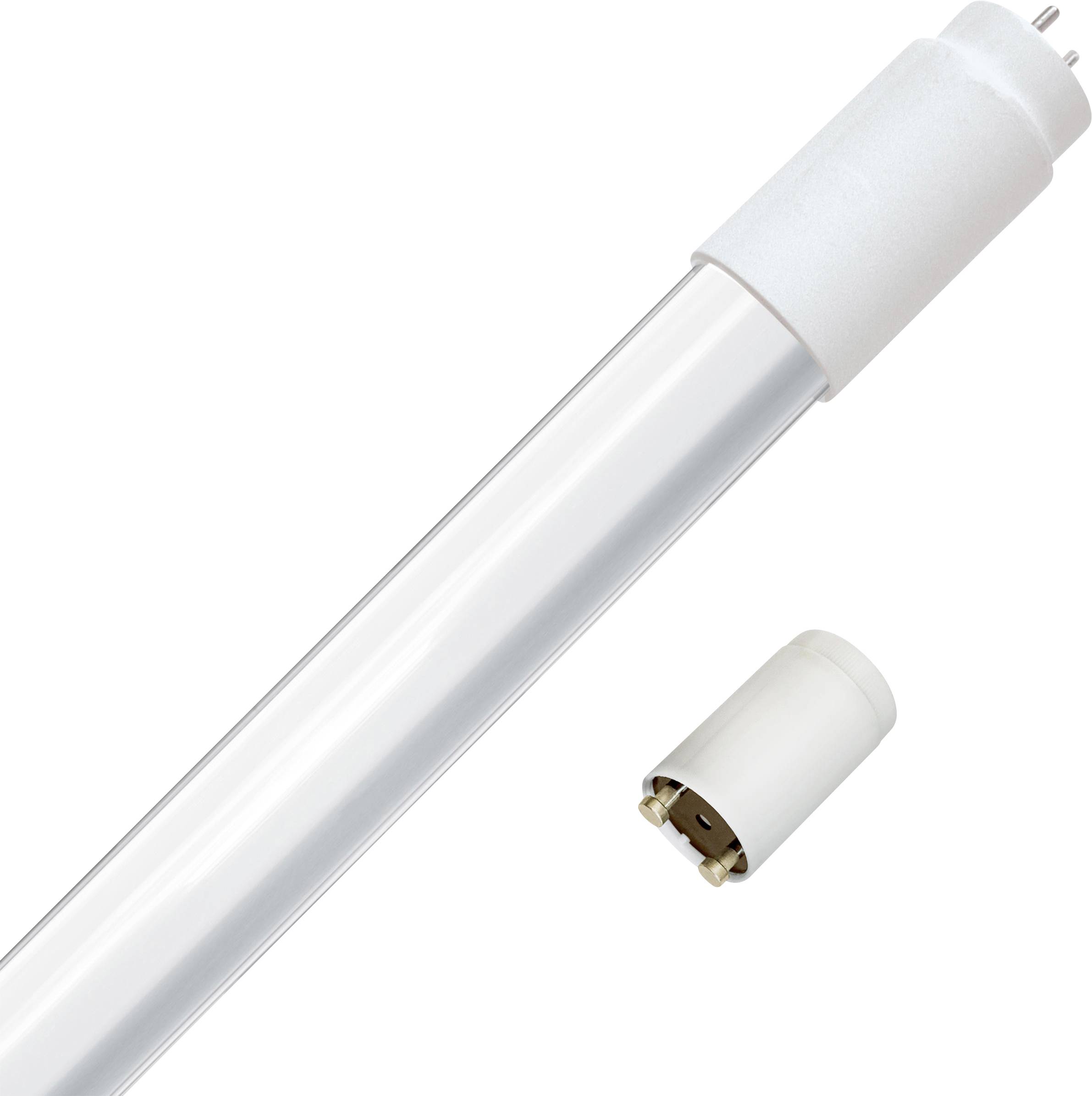 Egy fehér LED-cső és egy hozzá illő gyújtó látható a képen. A LED-cső energia-hatékony világításra alkalmas.