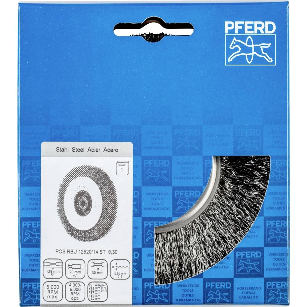 A PFERD márkájú körkefe csomagolása. A kék doboz felületén egy drótecset képe és specifikációi láthatók.
