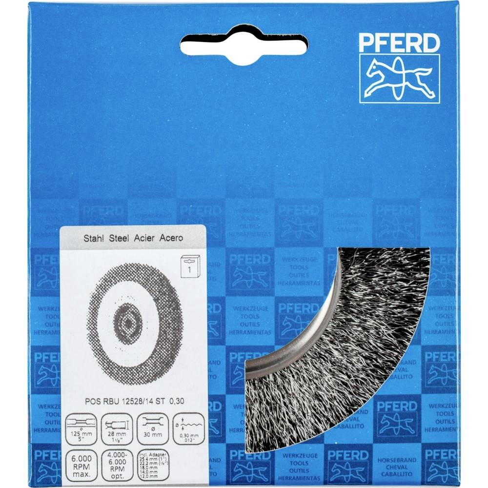 A termék csomagolása egy acélkefés betét képével és műszaki specifikációival. Alkalmas 6000 ford/perc sebességhez.