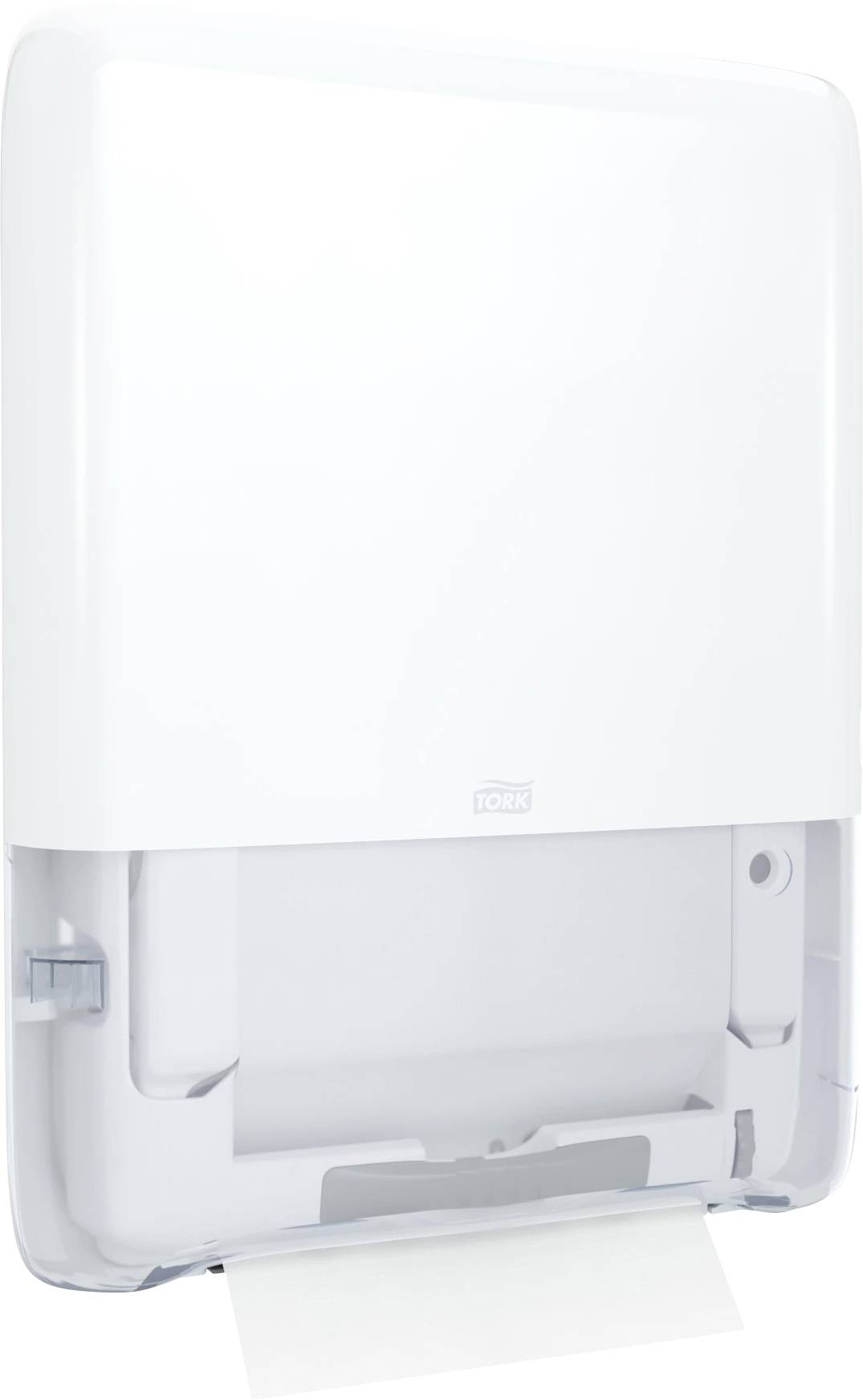 Papírtörlő-adagoló kihúzható papírtörlő lappal, használatra kész állapotban mosdóhelyiségekbe.