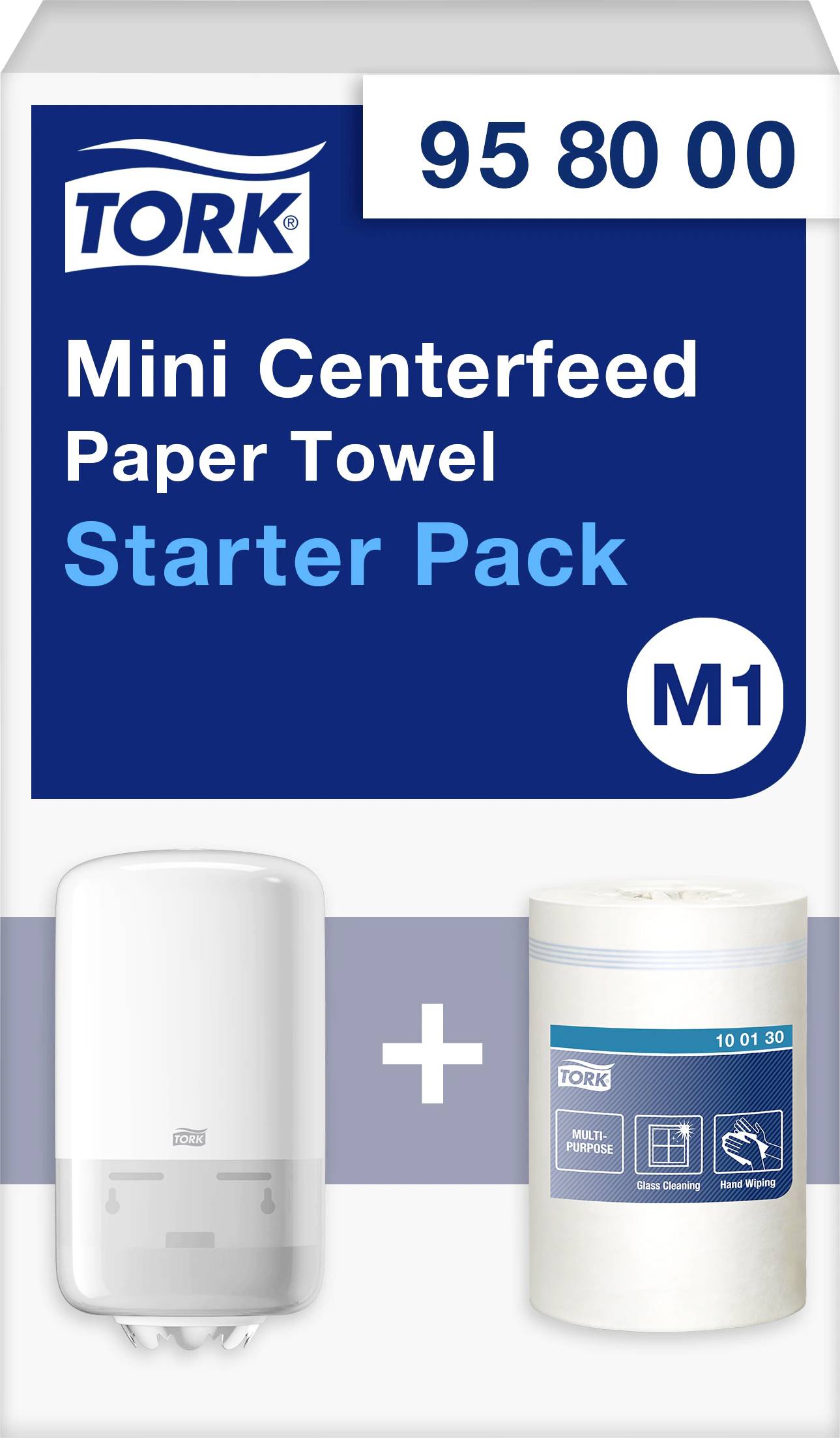 Tork M1 Mini Center Feed papírtörlő kezdőcsomag, adagolóval és papírtörlő tekerccsel, cikkszám: 95 80 00.