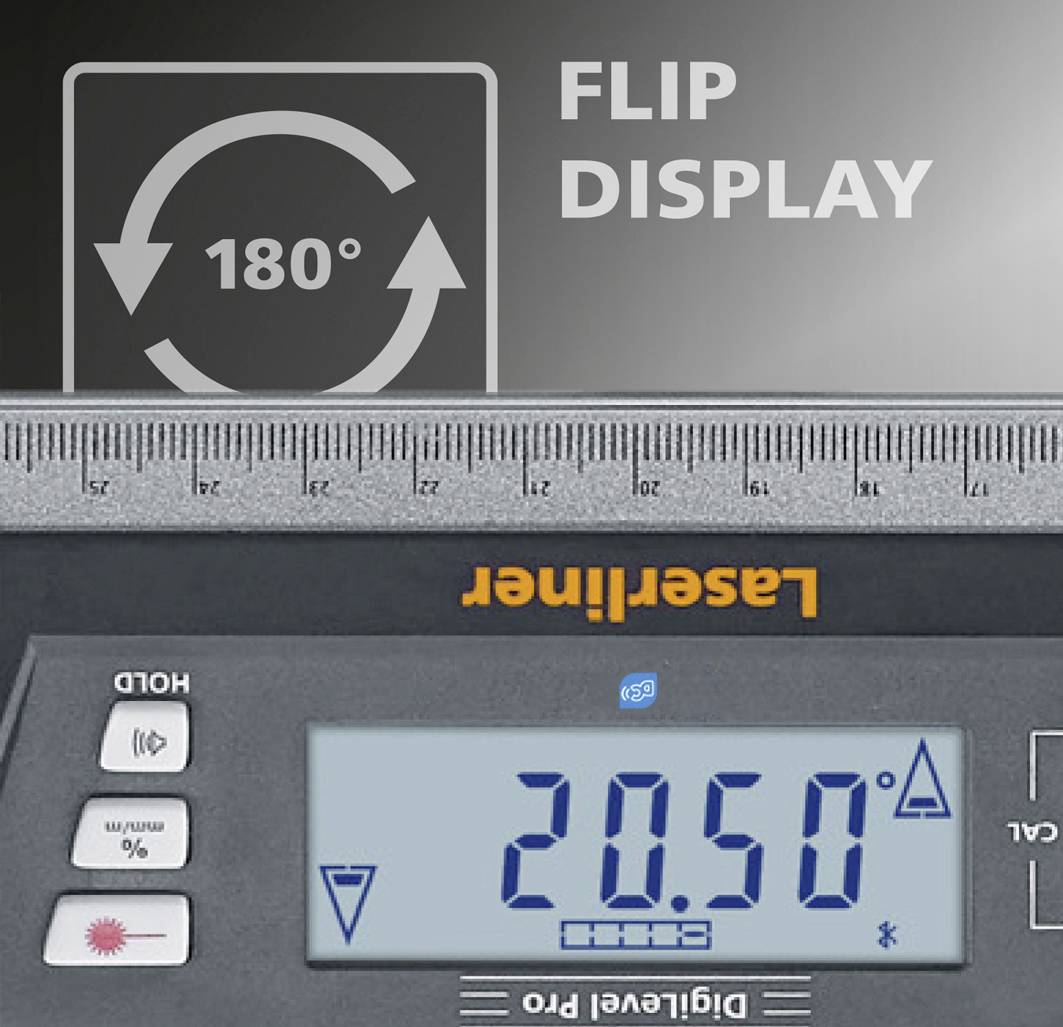 Egy digitális lézeres távolságmérő a '20,50' értéket mutatja. A képernyőn egy 'Flip Display' funkció látható 180°-os szimbólummal.