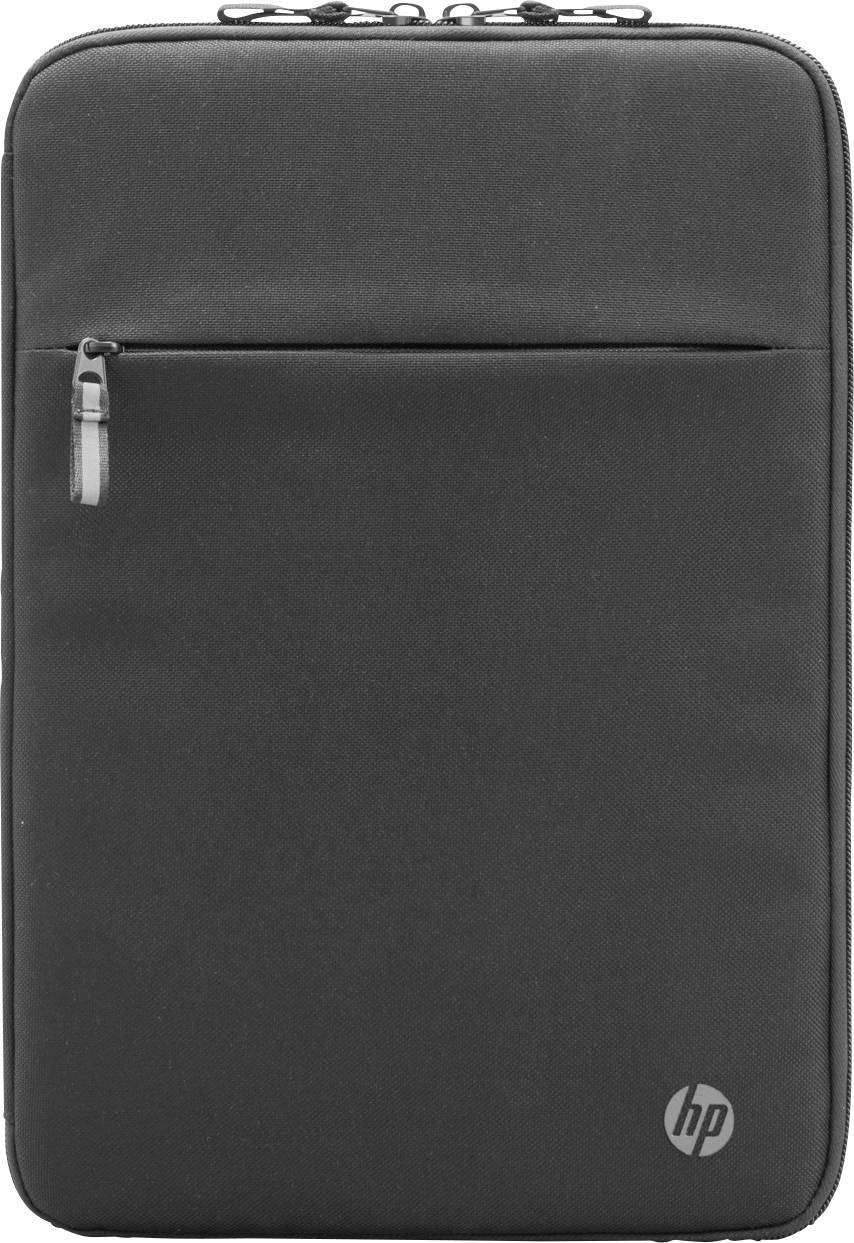 Fekete laptoptáska, elöl cipzárral és jobb alsó sarokban egy kis HP-logóval. Alkalmas laptopok védelmére.
