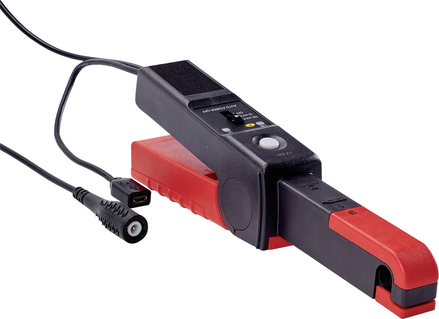 Piros és fekete áramfogó kábellel és csatlakozóval. Elektromos áramok mérésére használt eszköz, gyakran alkalmazott a elektronikában.