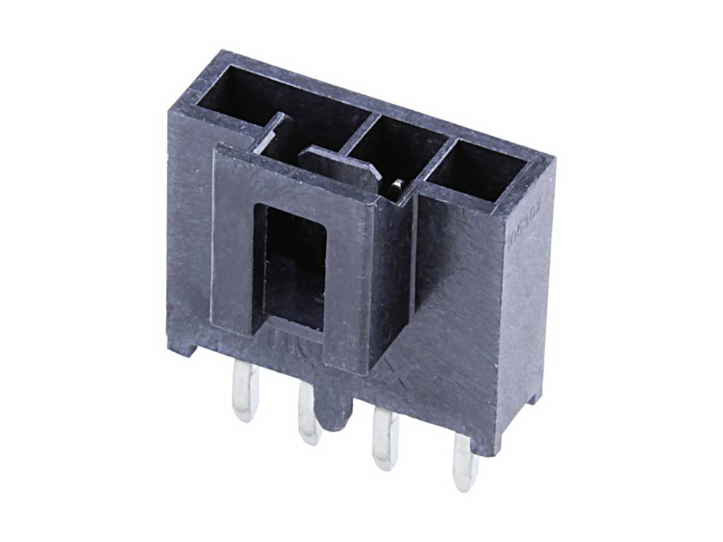 Egy fekete, téglalap alakú elektromos csatlakozó négy fém érintkezővel az alsó felületén. Nyomtatott áramköri lapokhoz megfelelő.