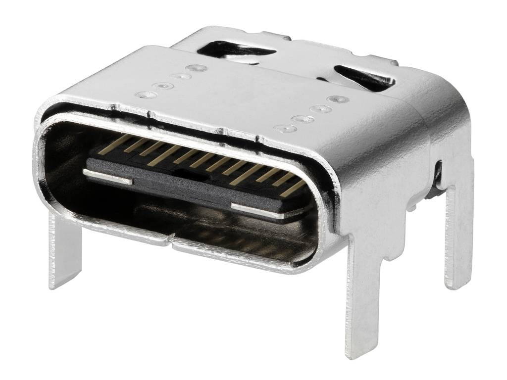 USB-C csatlakozó, ezüstszínű, látható arany érintkezőkkel. Adatátvitelre és áramellátásra használják elektronikus eszközökben.