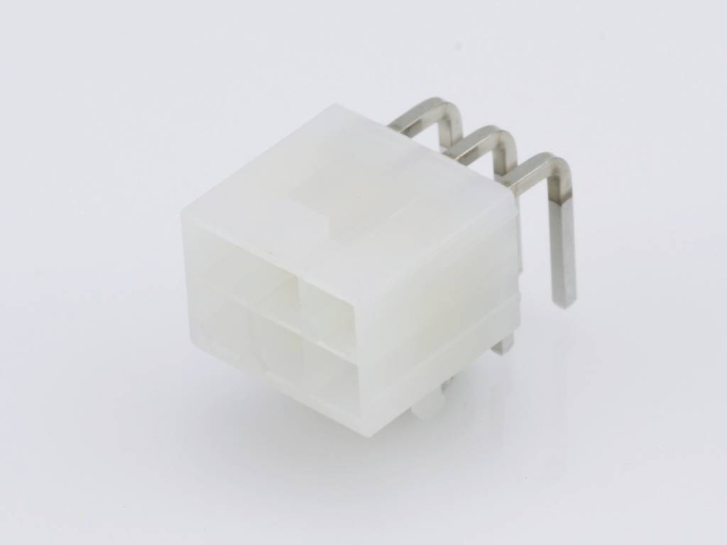 Négylyukú, fehér elektromos csatlakozó fém érintkezőkkel L alakban. Alkalmas számítógépes hardver csatlakoztatásához és belső kábelezéshez.