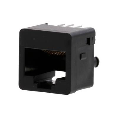 Fekete moduláris csatlakozó, RJ45-höz hasonló, látható fémérintkezőkkel a belsejében. Adatkapcsolatok létesítésére használatos.