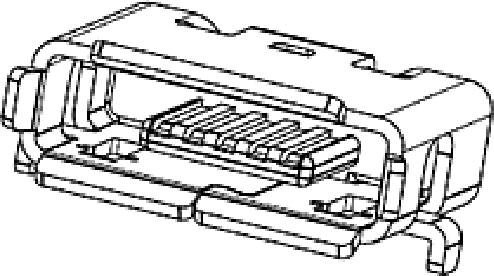 Egy USB-C-csatlakozó vázlatos rajza, amely bemutatja annak alakját és belső érintkezőit.
