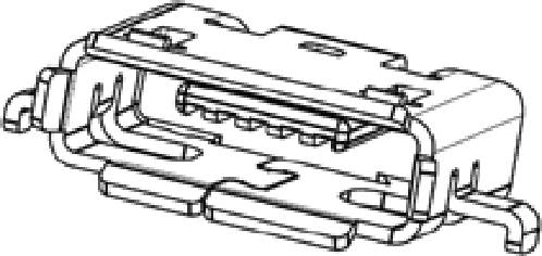 Egy USB-C csatlakozó műszaki rajza, amely részletesen bemutatja a tűérintkezők elrendezését és a csatlakozó külső alakját.