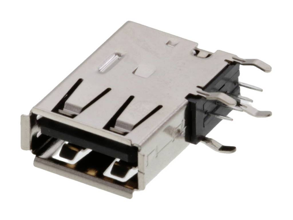 USB-aljzat, téglalap alakú, fém házban, négy érintkezővel az oldalán. Alkalmas USB-eszközök csatlakoztatására.