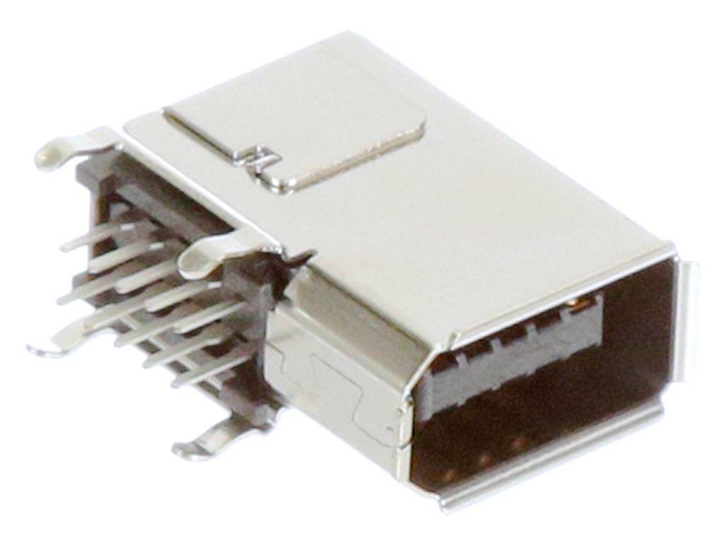 Egy USB-csatlakozó közeli felvételen mutatja a fémérintkezőket és a házat.