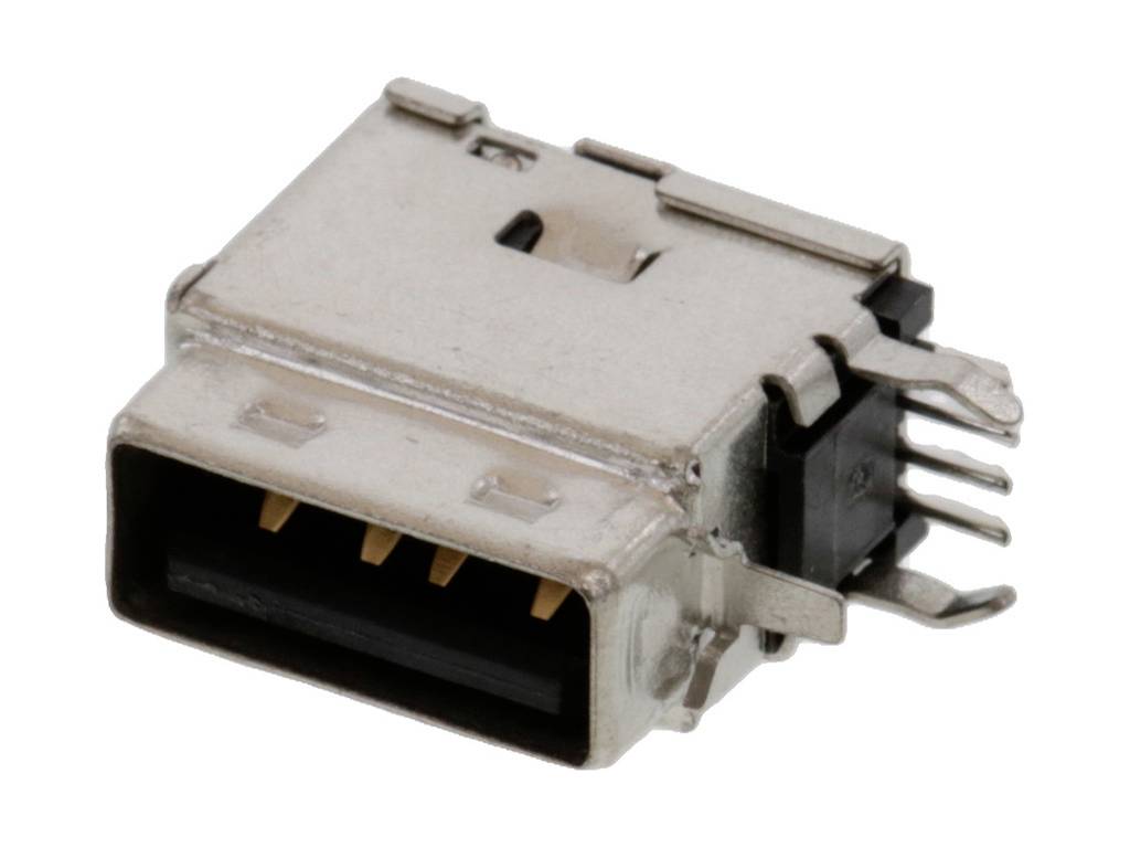Fémből készült USB-csatlakozó négy aranyozott érintkezővel, oldalán rögzítőkapoccsal és hátoldalán forrasztási pontokkal, elektromos csatlakoztatás céljára.