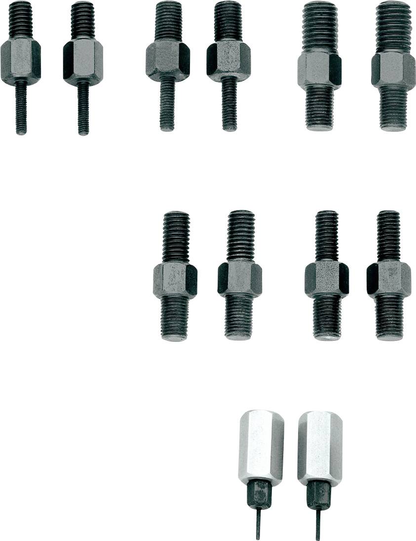 Hat darab fémcsavar anyákkal és két egyedi adapter alul. Ezeket mechanikai alkalmazásokhoz használják.