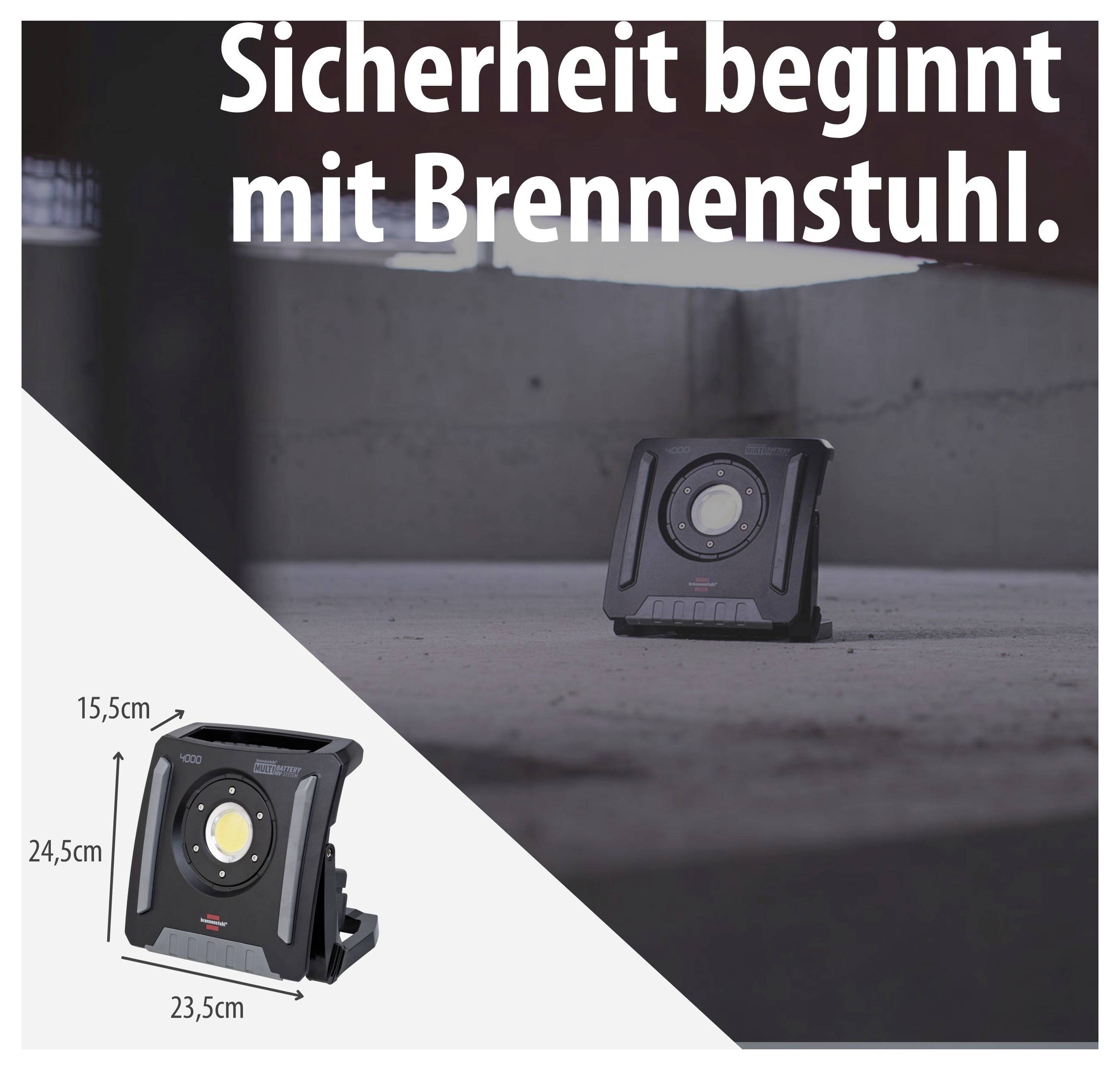 Brennenstuhl építkezési reflektor reklámképe; felül a „Biztonság a Brennenstuhllal kezdődik." felirat, balul lent a termék méretekkel: 24,5 cm, 23,5 cm és 15,5 cm.