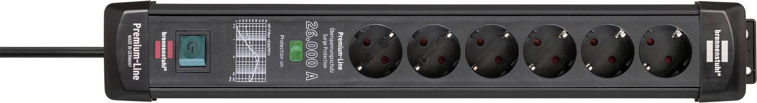 Hat aljzattal rendelkező fekete elosztó, hat csatlakozóhellyel. Be/Ki kapcsoló zöld fénnyel világít, "Premium Line" felirattal.