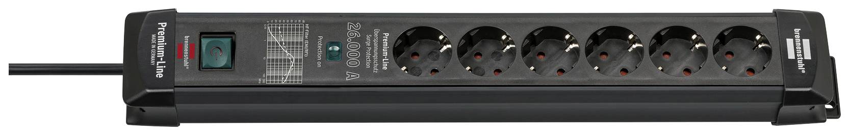 Nyolc csatlakozóhelyes fekete elosztó, megvilágított be-/kikapcsolóval.