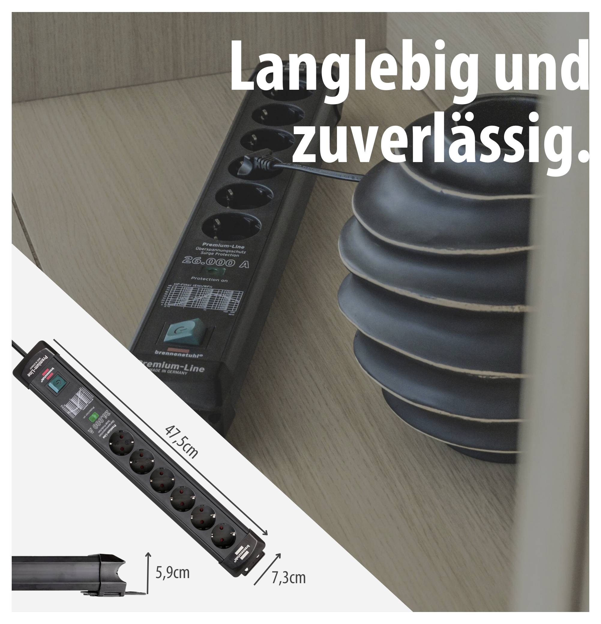 Többszörös elosztó 6 dugaljárattal és 4,75 m kábelhosszal; mellett méretmegadások 5,9 cm és 7,3 cm, valamint a szlogen "Tartós és megbízható."