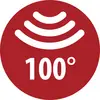 Piros, kerek hőikon három fehér hullámjellel a „100°" felett, amely magas hőmérsékletet jelöl.