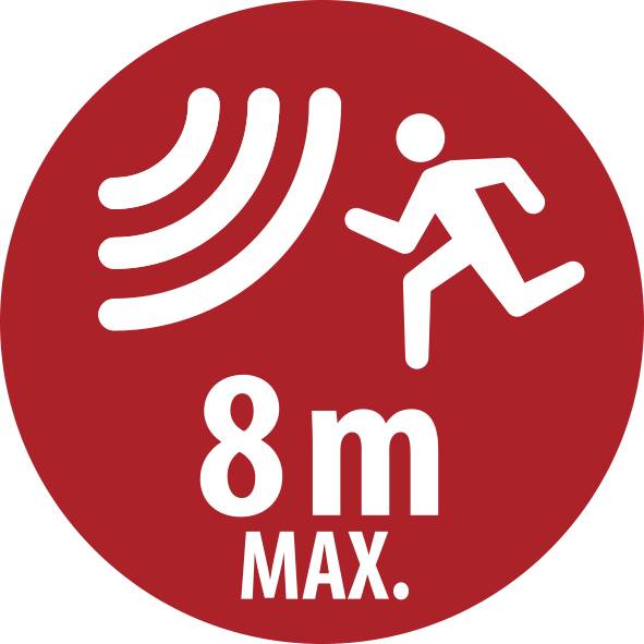 Piros körkörös figyelmeztető tábla, amely egy futó személyt és hanghullámokat mutat, az „8 m MAX." felirattal, amely a maximális biztonságos távolságot vagy hatótávolságot jelzi.