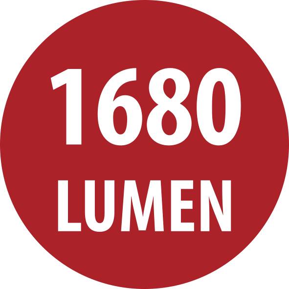 Piros köralakú címke fehér szöveggel „1680 LUMEN", amely a fénykibocsátást jelzi.