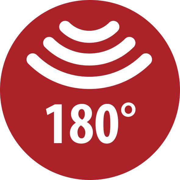 Piros kör alakú ikon, amelynek feletti részén három fehér ívelt jel van, és alatta "180°" fehér szöveg.