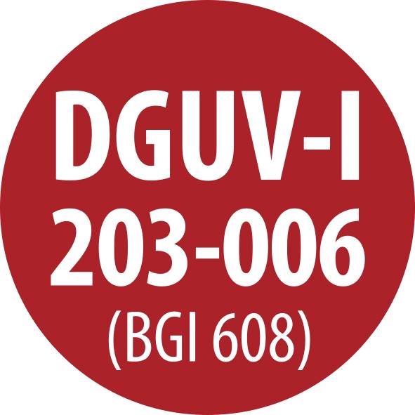 Piros köralakú biztonsági tábla fehér felirattal "DGUV-I 203-006 (BGI 608)".
