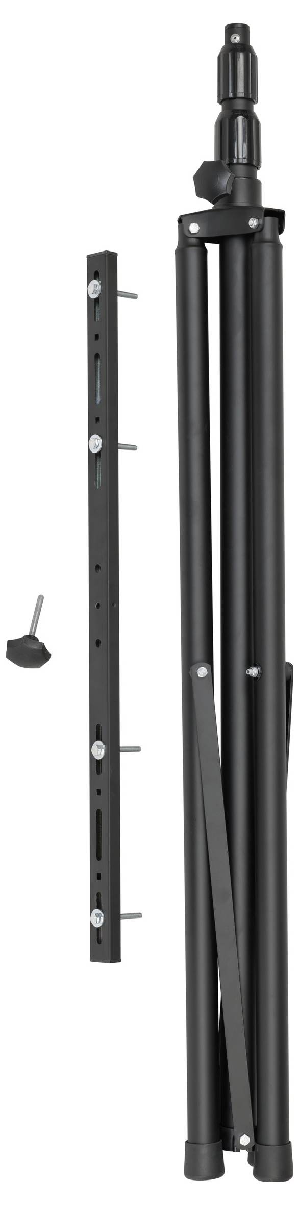 Összecsukható fekete tripod állvány állítható teleszkópos középpólussal és oldalsó rögzítési konzollal.