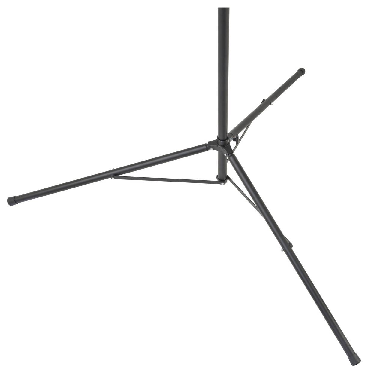 Fekete három lábú tripod állvány alap központi függőleges pólussal fehér háttéren.