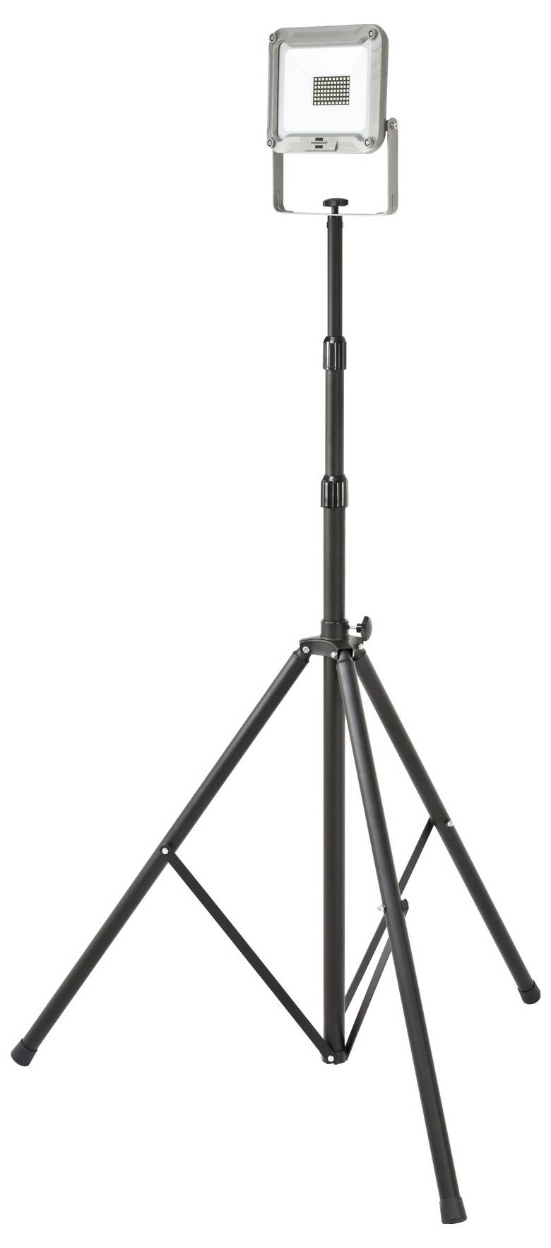Hordozható munkalámpa tripod állványon állítható lábakkal és téglalap alakú lámpafejet, fehér háttér előtt ábrázolva.