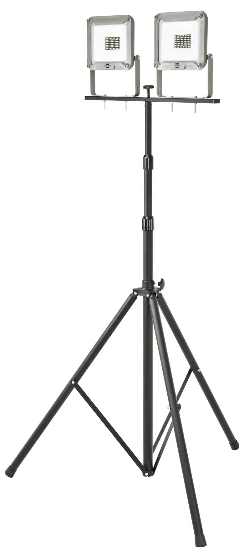 Hordozható dupla reflektorállvány két négyzet alakú munkalámpa fekete tripod alappal szerelve.