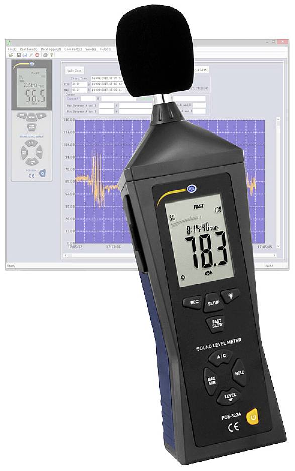 Egy hangszintmérő készülék 78,3 dB-t mutat. A háttérben hangszintanalízis diagramok láthatók egy számítógép képernyőjén.