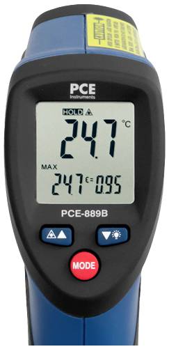 Egy digitális infravörös hőmérő 24,7°C hőmérsékletet mutat. A MAX érték szintén 24,7°C. A készülék fekete és kék színű.