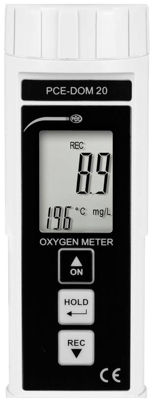 Egy hordozható oxigénmérő műszer kijelzője mutatja a '6,9 mg/L' értéket. Gombok: 'BE', 'TARTÁS', 'REC'. Márkanév felül.