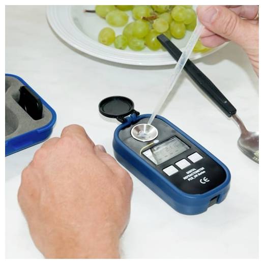 Kéz hordozható refraktométer segítségével szőlőmintát vizsgál az asztalon.