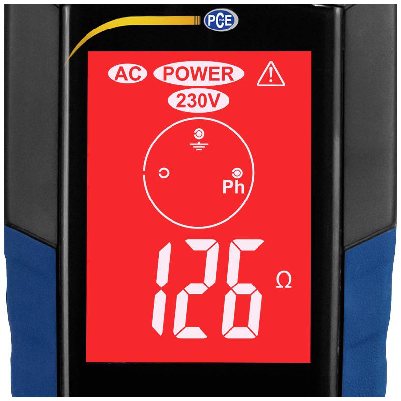 Egy elektromos mérőkészülék digitális kijelzője 'AC Power 230V' és '126 Ω' értékeket mutat. Biztonsági figyelmeztető szimbólum látható.