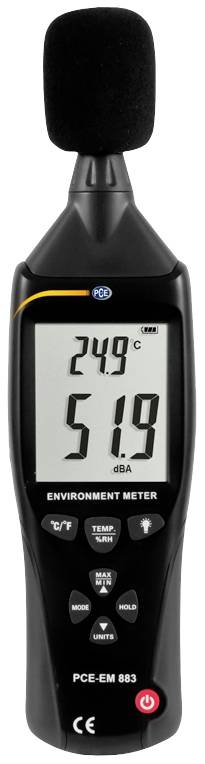 Egy digitális környezetmérő eszköz 24,9°C-ot és 51,9 dBA-t mutat a kijelzőjén. Hőmérsékletet és zajszintet mér.