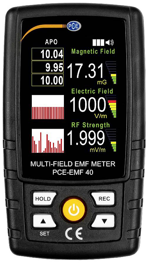 Egy többfunkciós EMF-mérőkészülék mutatja a mágneses mező, az elektromos mező és a rádiófrekvenciás (RF) intenzitás értékeit, összehasonlító sávdiagramokkal.