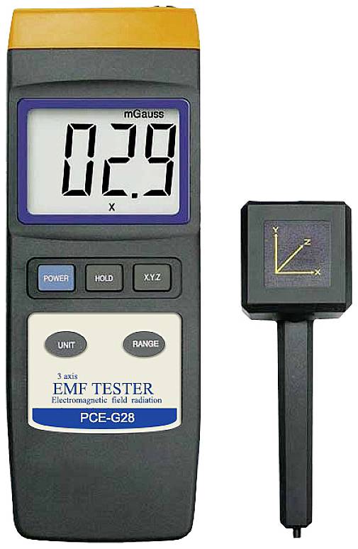 A digitális EMF-teszter kijelzője 0,29 mGauss-t mutat. A készülék háromtengelyű szondával méri az elektromágneses mezők sugárzását.