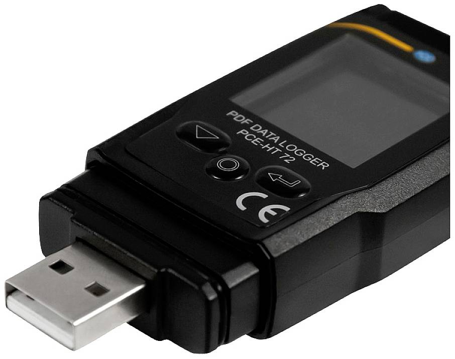 Egy USB-adatgyűjtő kijelzővel és kezelőgombokkal, 'PDF DATA LOGGER PCE-HT 72' jelöléssel. Hőmérsékleti adatok rögzítésére szolgál.