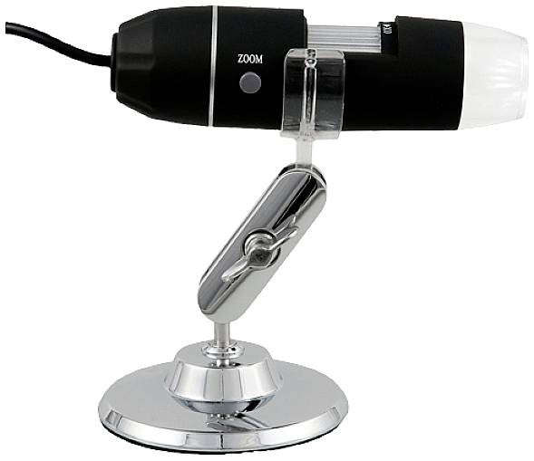 Egy digitális USB-mikroszkóp műanyagból és fémből, állítható állvánnyal. Rendelkezik egy forgógombbal a nagyítás szabályozásához.