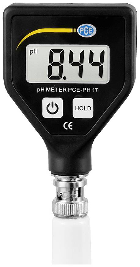 Digitális pH-mérő 8,44-es pH-értéket mutat. A kijelzőn Be/Ki és Hold funkciógombok találhatók. A készülék a PCE márka terméke.